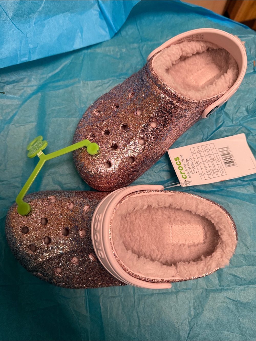 CROCS Glitter Fuzz Lined Clog - Pink/with Rose Gold Sparkle